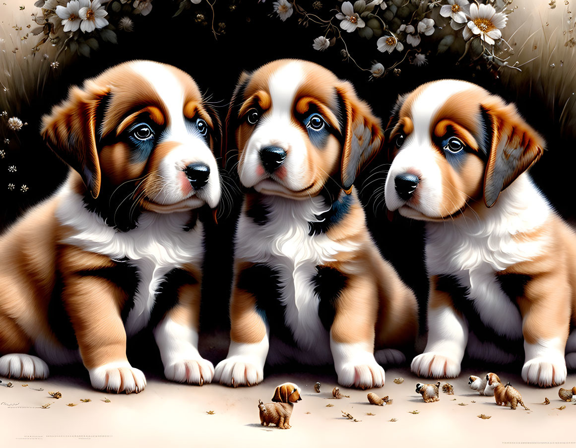 Three puppies with blue eyes watching quails on flowery ground