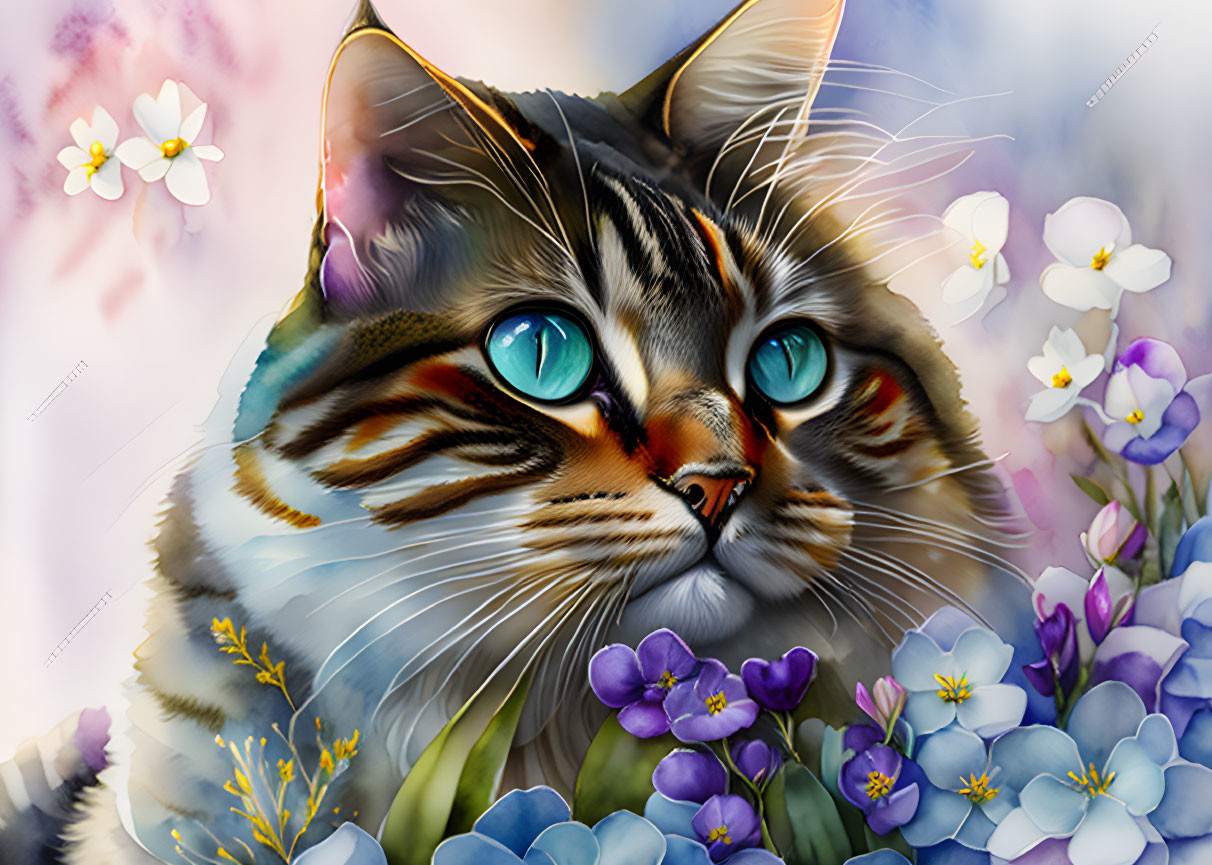 Detailed Colorful Cat with Turquoise Eyes Among Vibrant Flowers