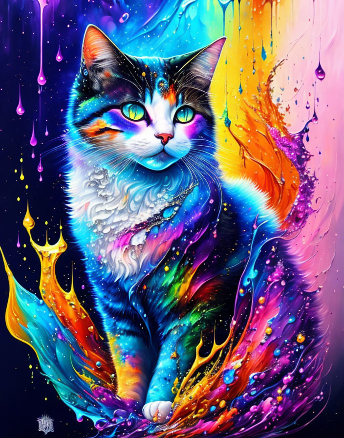 Colorful Cosmic Cat Artwork with Vibrant Neon Paints