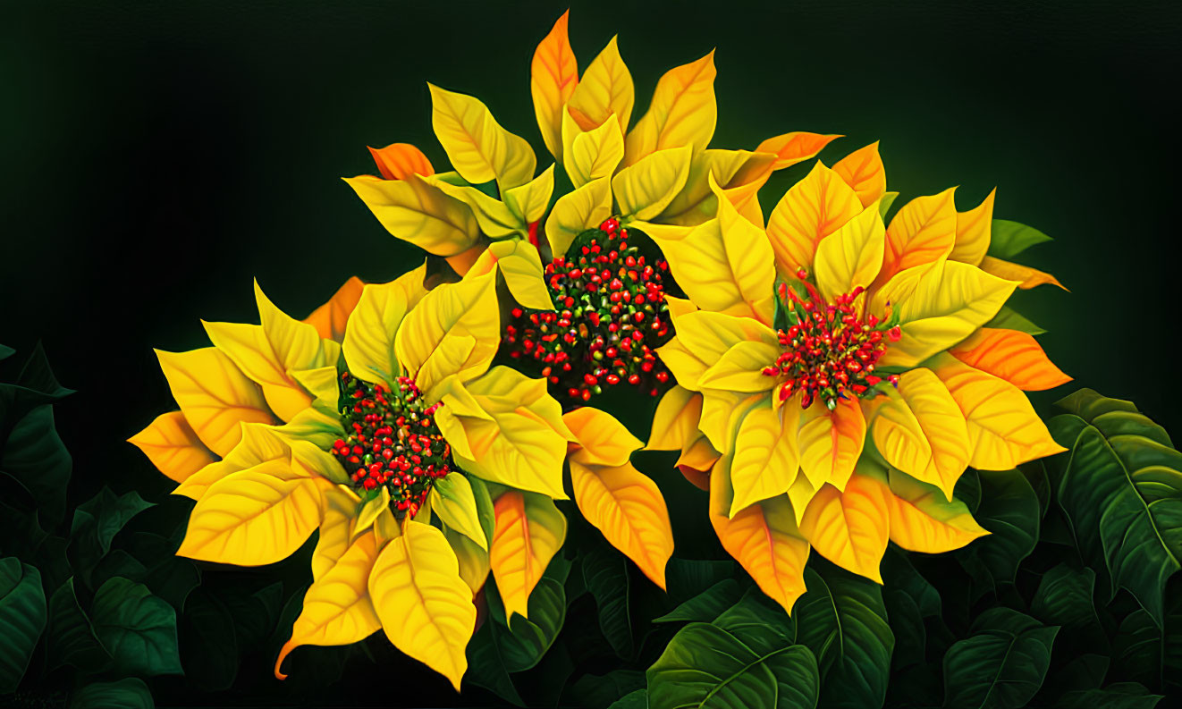 Bright Yellow Poinsettias and Red Berries on Dark Green Background