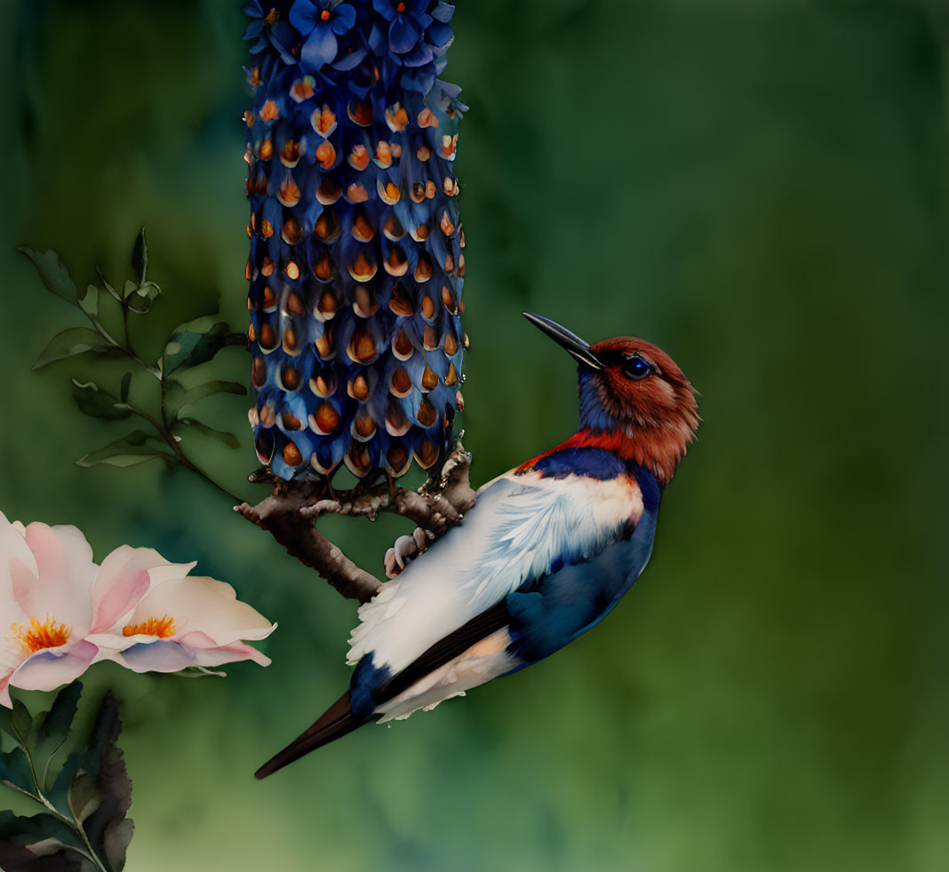 Colorful Bird on Branch with Blue Feathers and Pink Flowers in Blurred Green Background