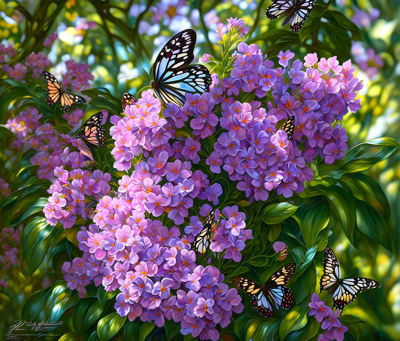 Colorful butterflies on lilac flowers with green leaves in the background