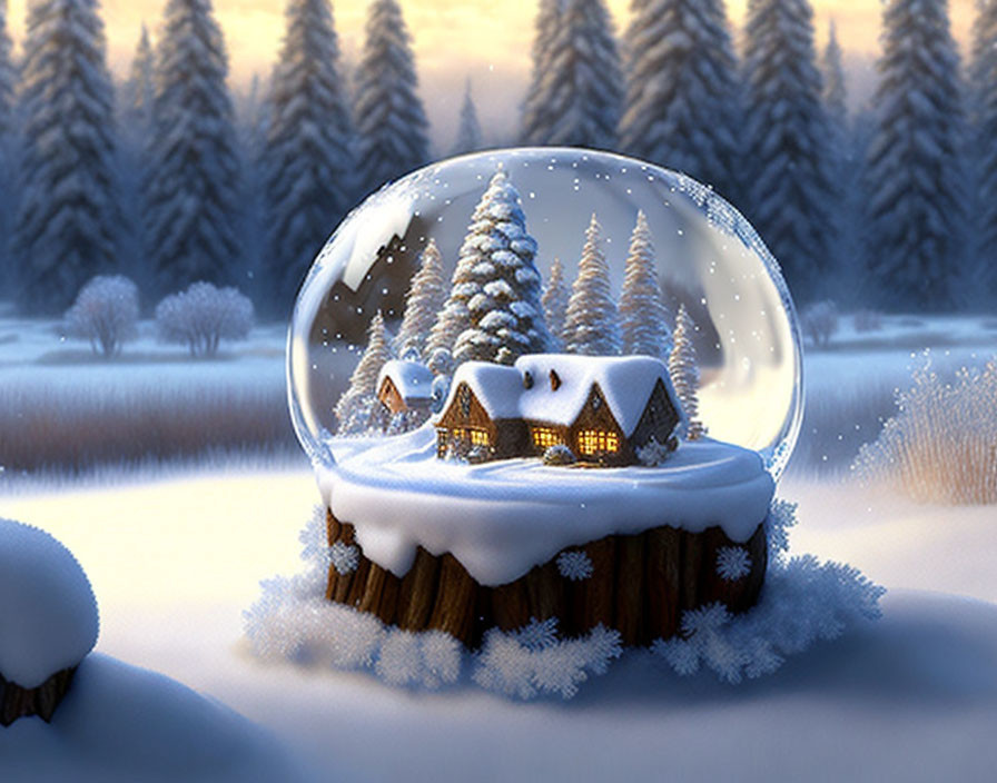 Snow Globe with Cozy House, Pine Trees, and Winter Forest Scene