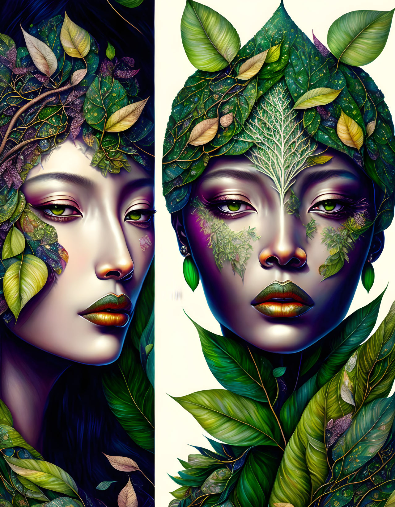 Symmetric composition of stylized faces with leafy greens and branches