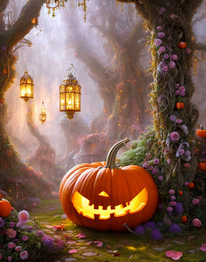 Glowing jack-o'-lantern in mystical forest with lanterns, trees, and flowers