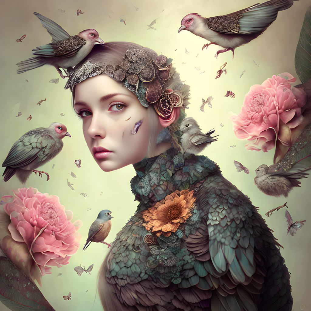 Surreal portrait of woman with bird and floral elements