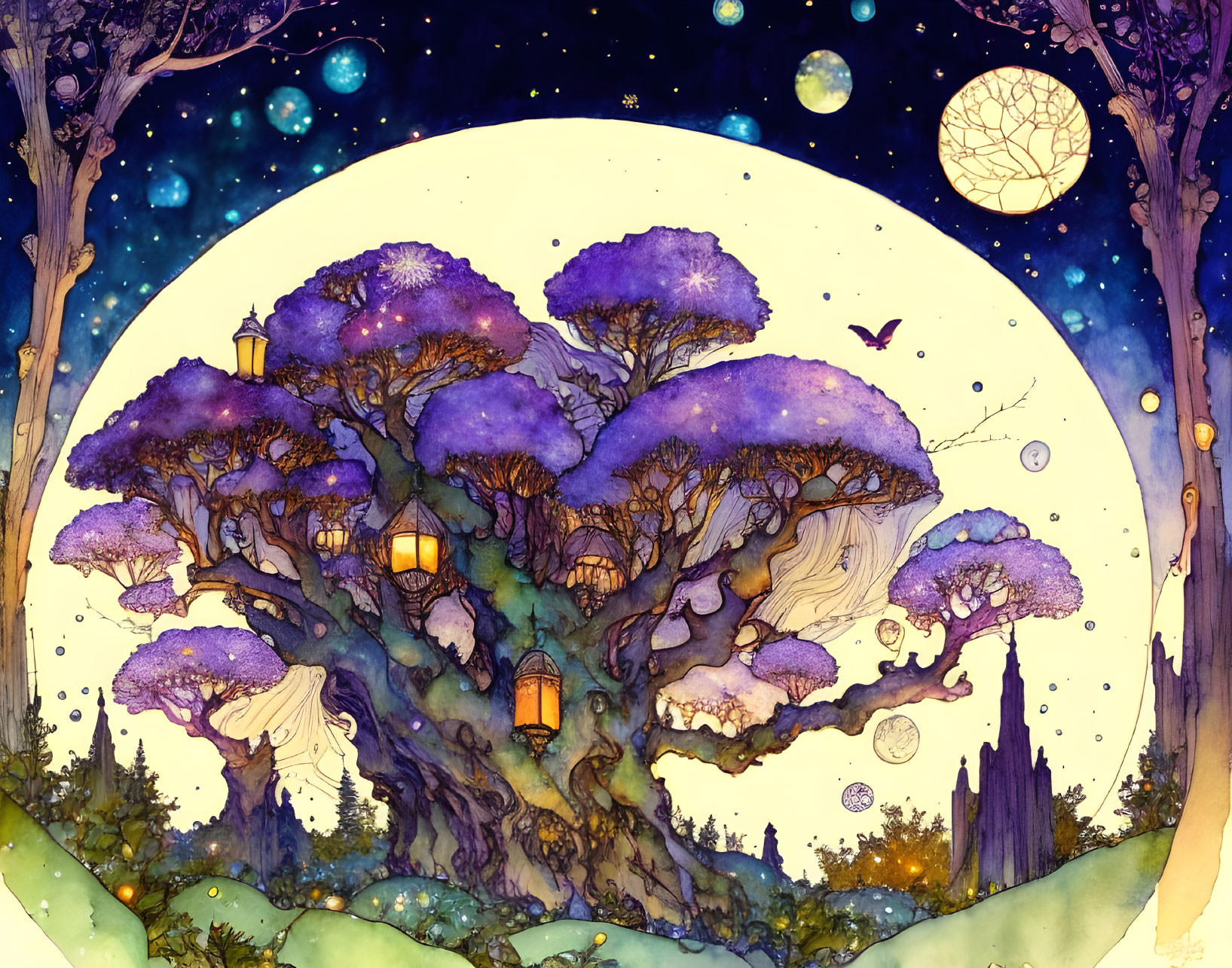 Illustration of magical tree with violet foliage and lantern-lit houses under starry sky