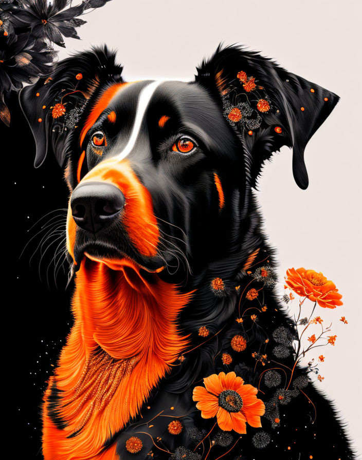 Vibrant black and tan dog with orange flowers in artistic illustration