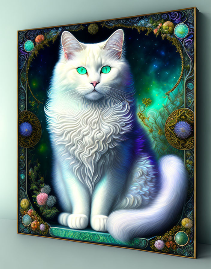 Surreal white cat art with green eyes and cosmic patterns