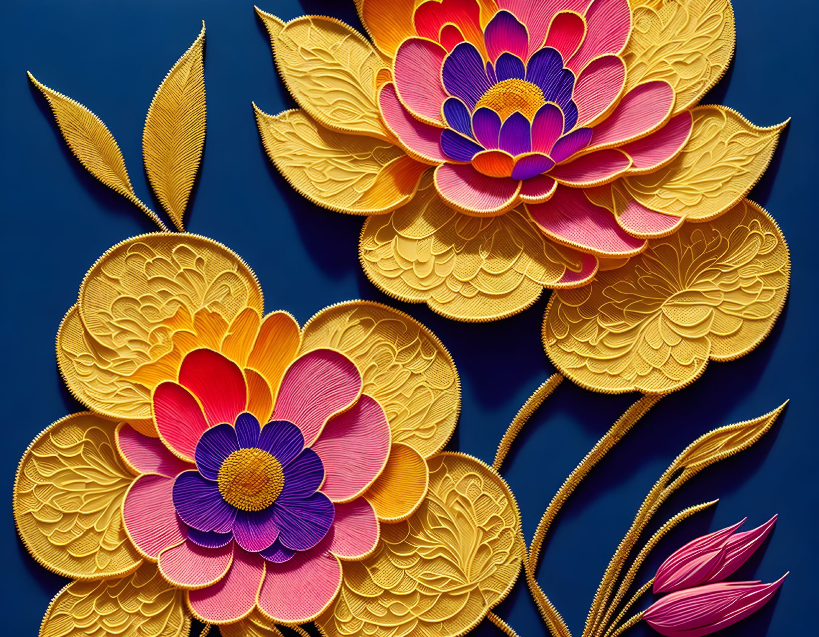 Colorful paper art of intricate golden flowers on blue background