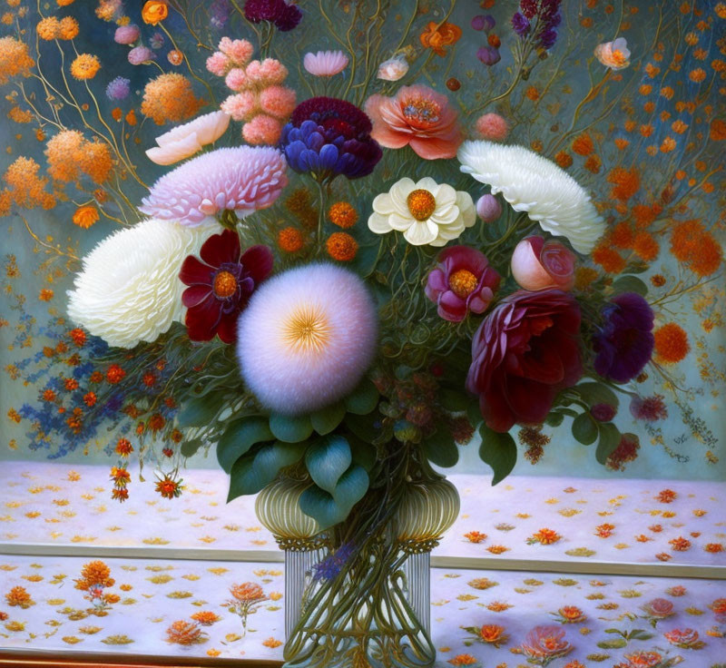 Colorful Flower Bouquet Painting in Glass Vase with Floral Patterns