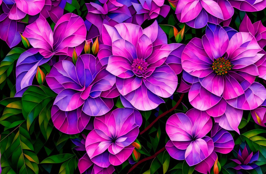 Purple Flowers with Layers of Petals and Dark Green Leaves