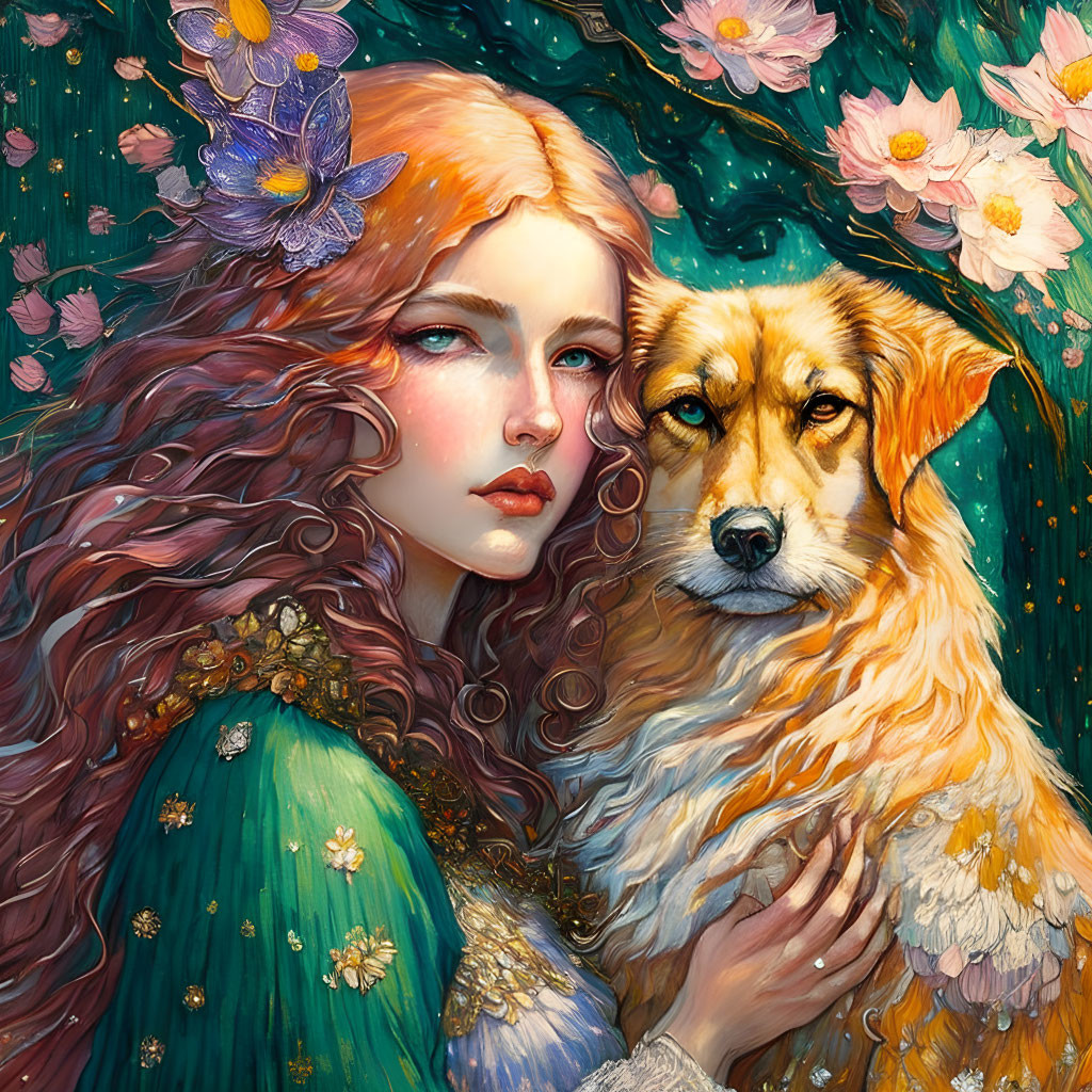 Red-haired woman with flowers embracing loyal dog in floral setting