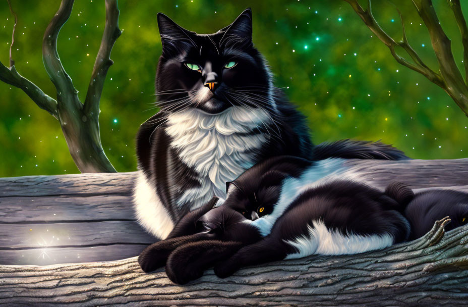 Digital art: Two black and white cats with green eyes on wooden surface with starry sky.