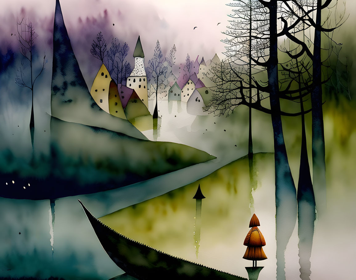 Whimsical village illustration shrouded in mist