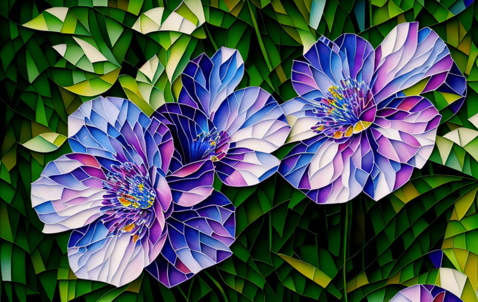 Detailed Purple and Blue Flower Illustration with Green Leaves