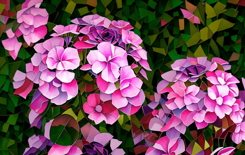 Vibrant pink and purple hydrangea flowers on green geometric background