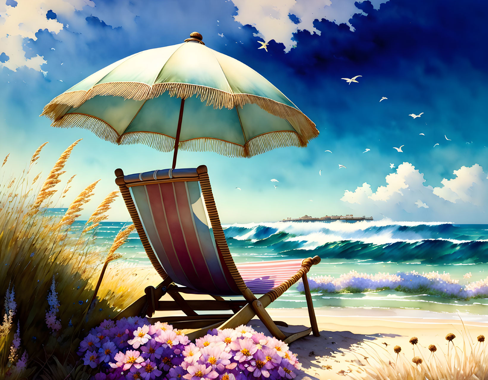 Tranquil beach scene with striped chair, umbrella, flowers, grass, waves, and seag