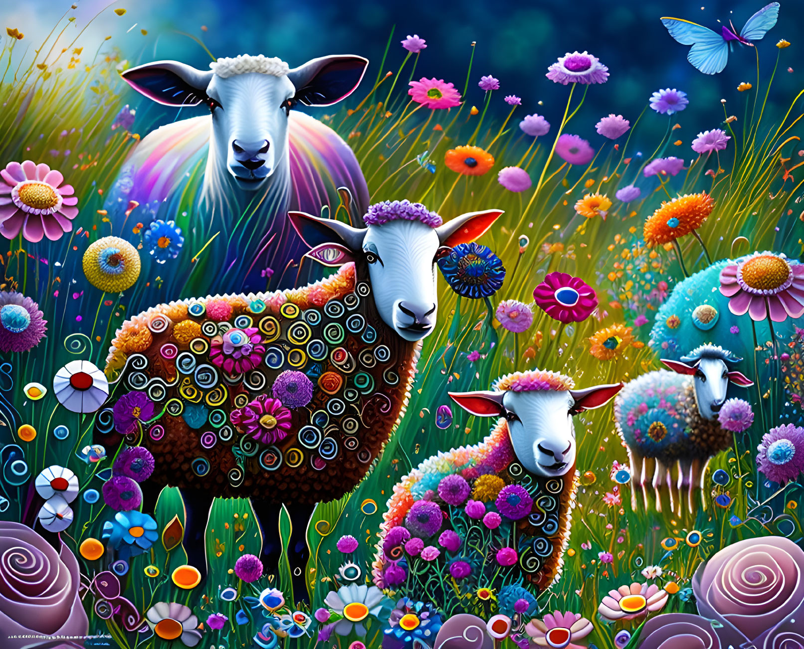 Colorful Sheep Illustration with Floral and Spiral-Patterned Wool in Vibrant Meadow