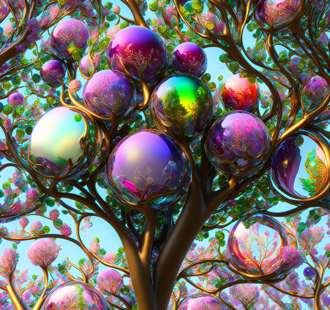 Colorful Fractal Tree with Iridescent Spheres under Blue Sky