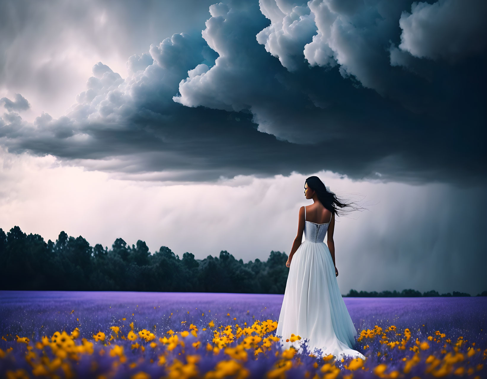 Woman in white dress in purple and yellow flower field under stormy sky