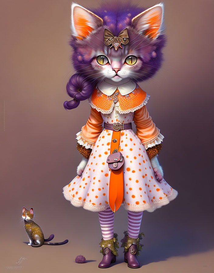 Anthropomorphic cat in orange dress with mouse companion.