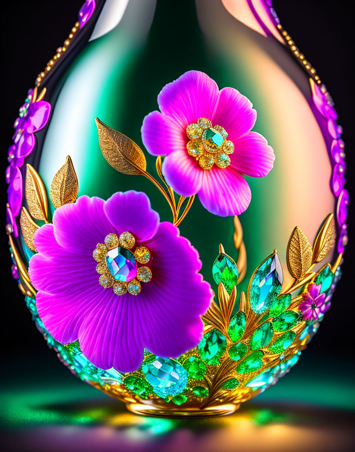 Purple flowers with jeweled centers in a teardrop-shaped frame