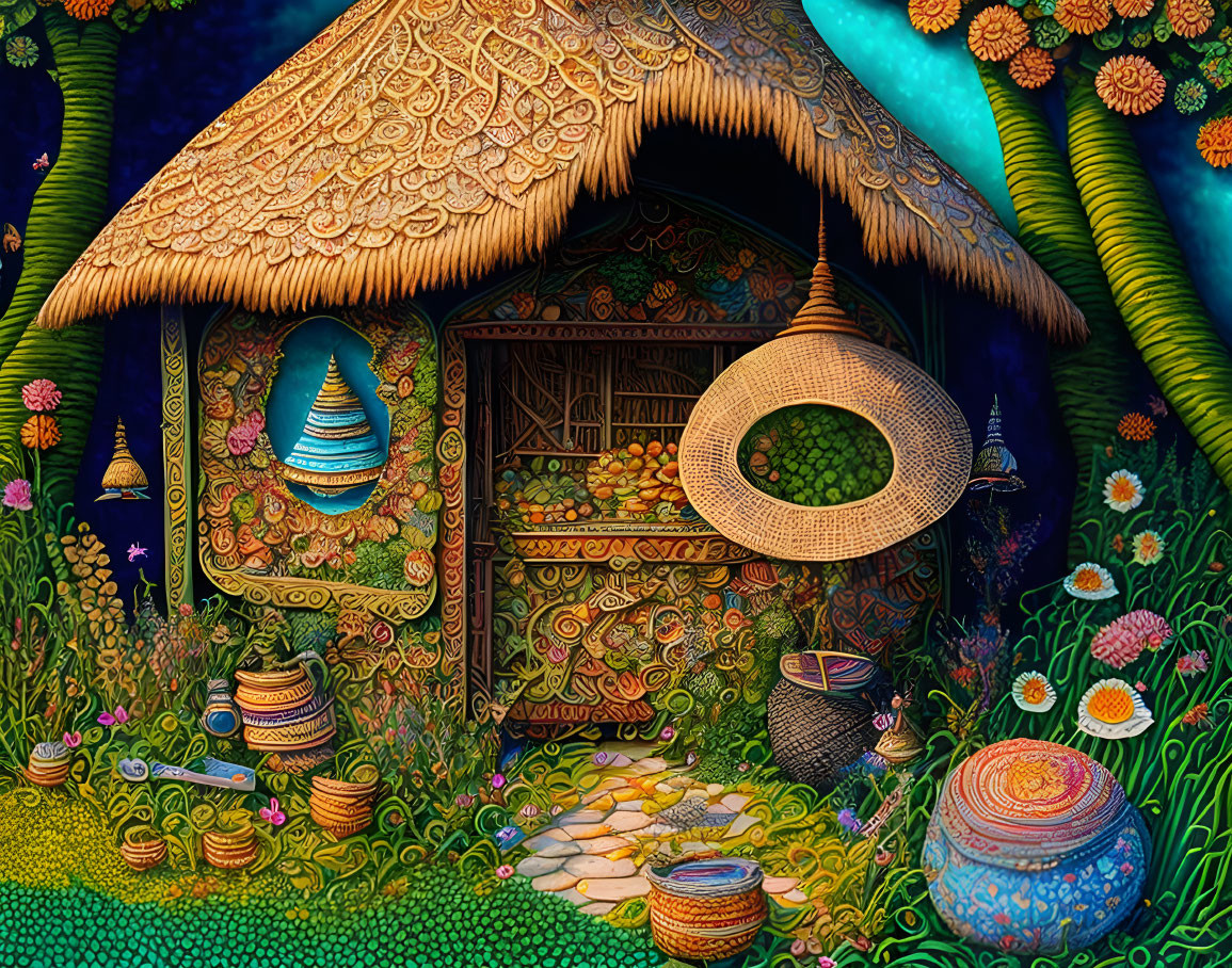 Detailed illustration of whimsical cottage with thatched roof and colorful flora