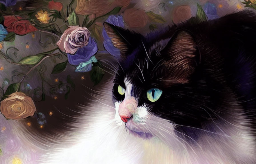 Monochrome cat with green eyes among vibrant roses and artistic backdrop