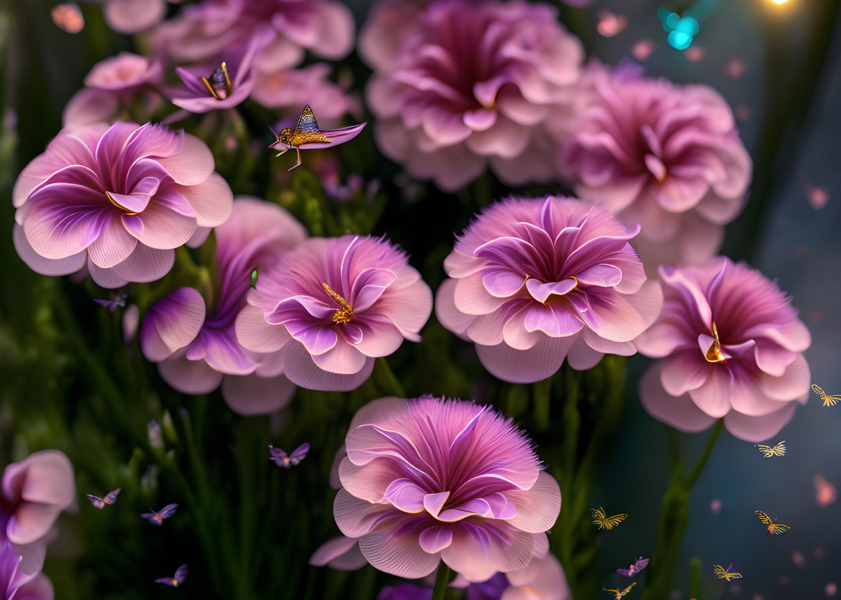 Purple Flowers and Dragonflies in Dream-like Scene