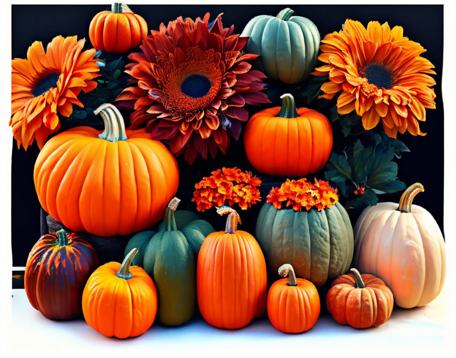 Colorful autumn pumpkin and orange flower arrangement on dark backdrop