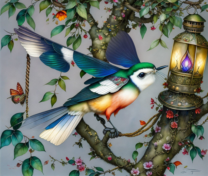 Colorful bird perched near lantern with blossoming branches and butterfly