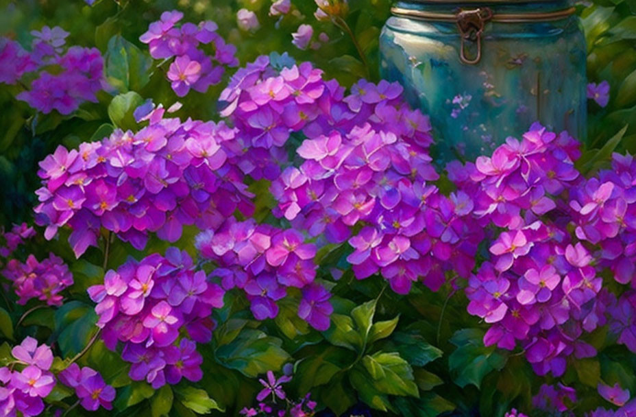 Vibrant pink and purple hydrangea blooms with blue jar in garden.