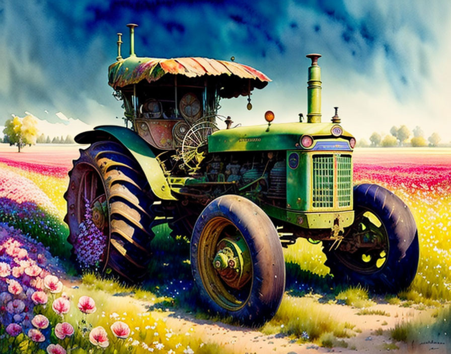 Vintage green tractor in vibrant flower field under sunny sky