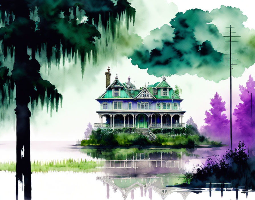 Victorian house near lake with forest reflection in watercolor.