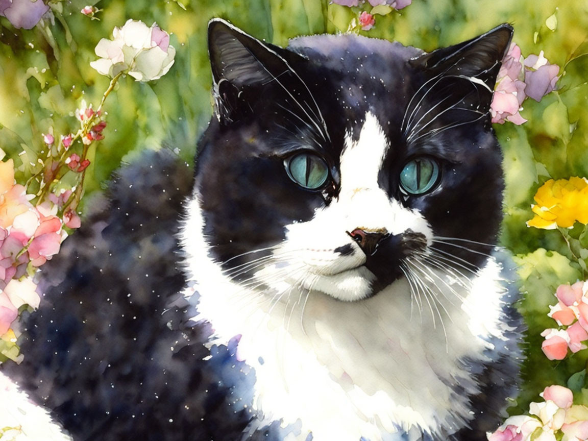 Black and White Cat with Blue Eyes Among Colorful Flowers in Watercolor Style