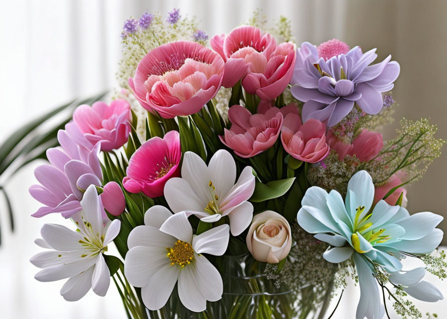 Assorted Flowers Bouquet with Pink Tulips and Baby's Breath