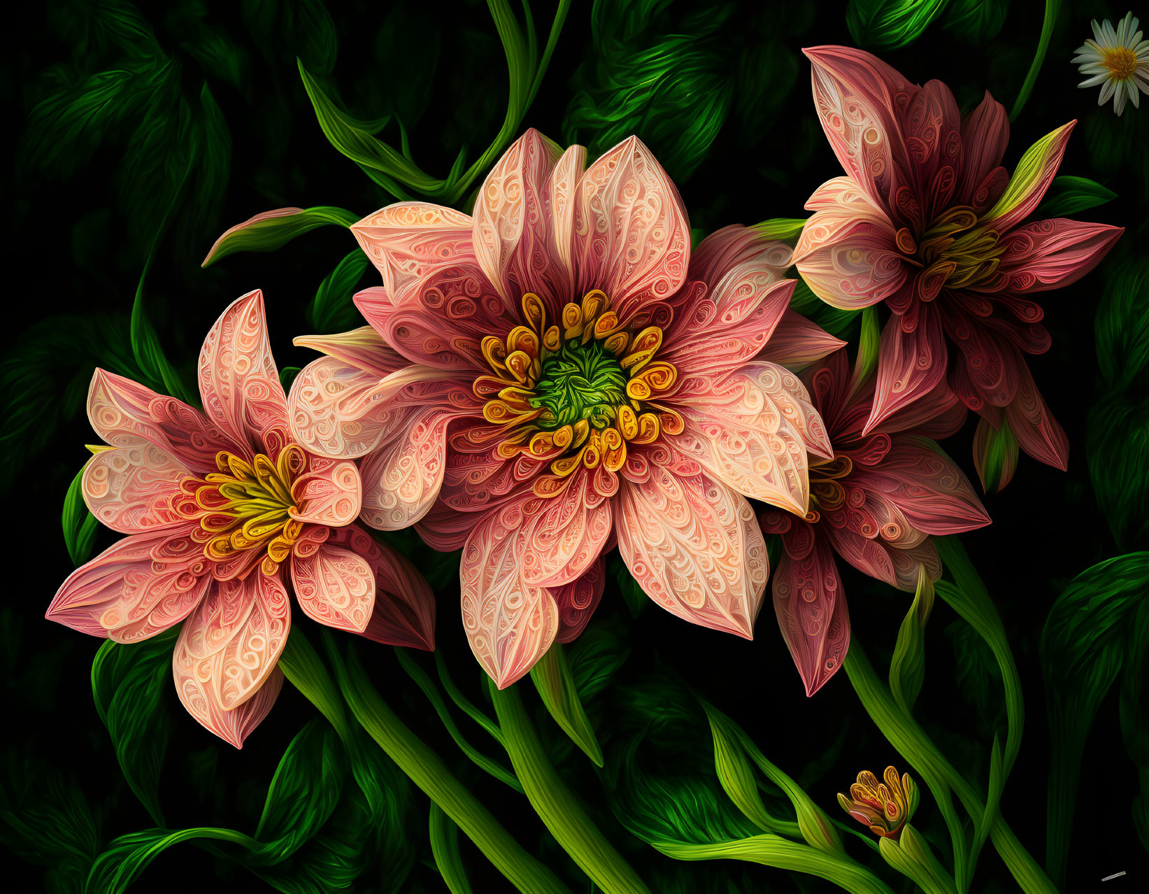 Intricately patterned pink and yellow flowers on dark green foliage