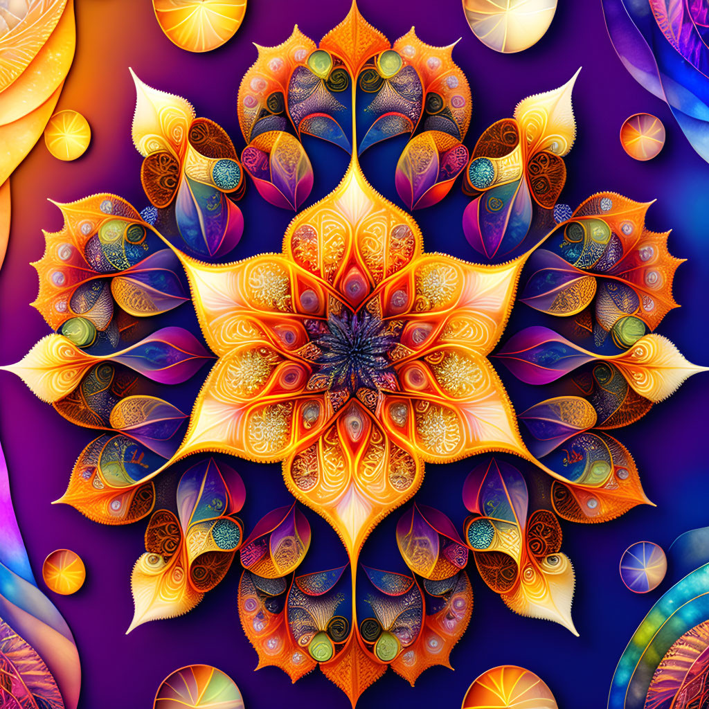 Colorful digital mandala with intricate leaf-like patterns and central floral motif