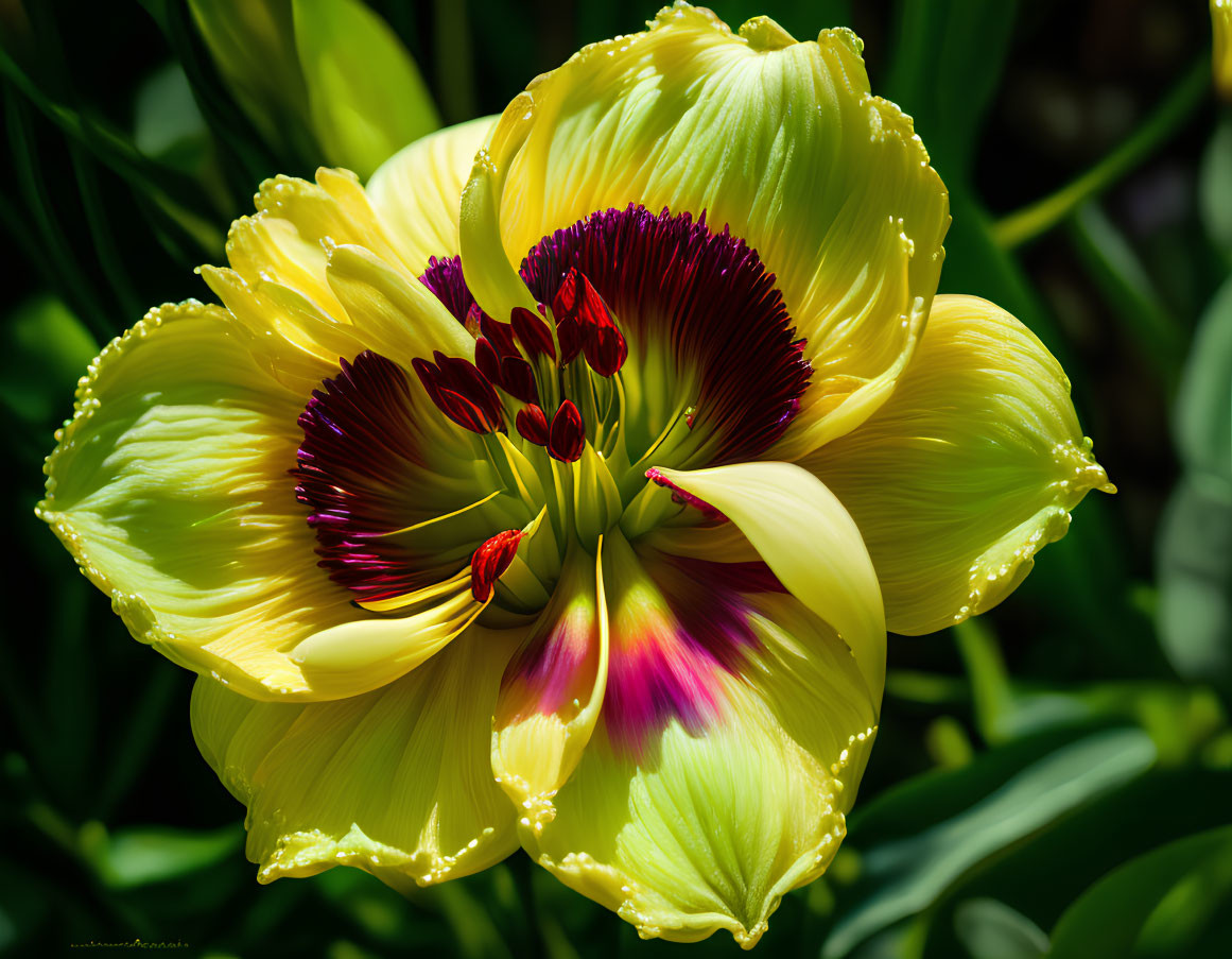 Yellow Flower with Maroon Base on Dark Green Background