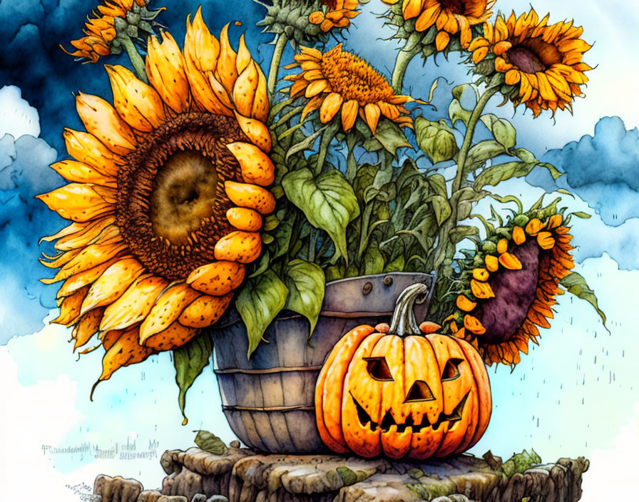 Sunflowers and Pumpkin in Wooden Bucket Under Blue Sky