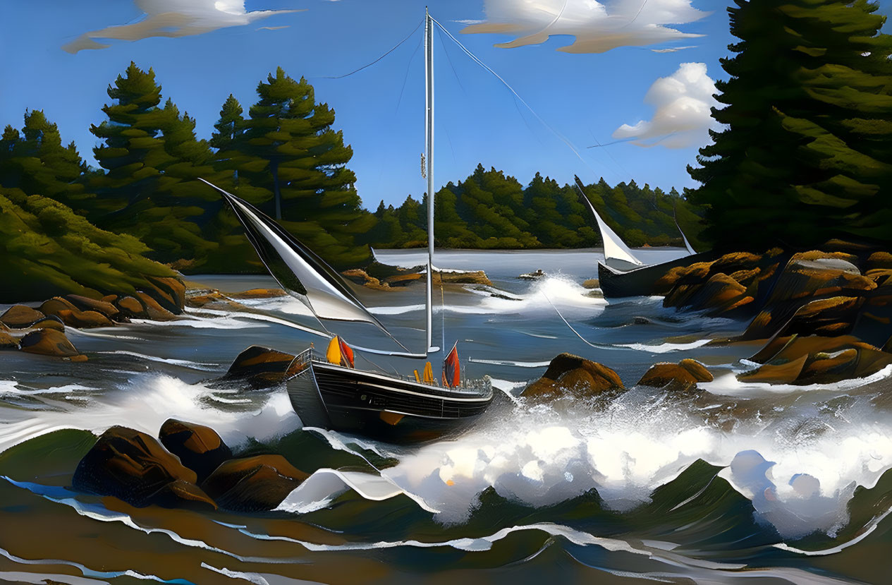 Sailboats in rough waters near forested shoreline