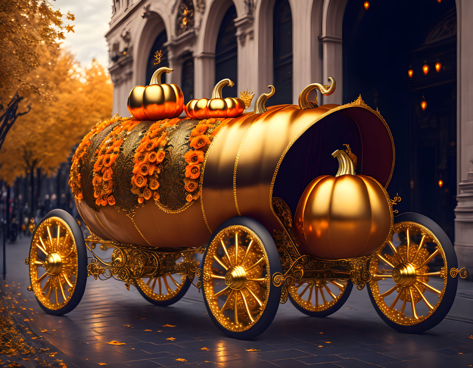 Golden pumpkin carriage adorned with flowers and pumpkins on autumn street.