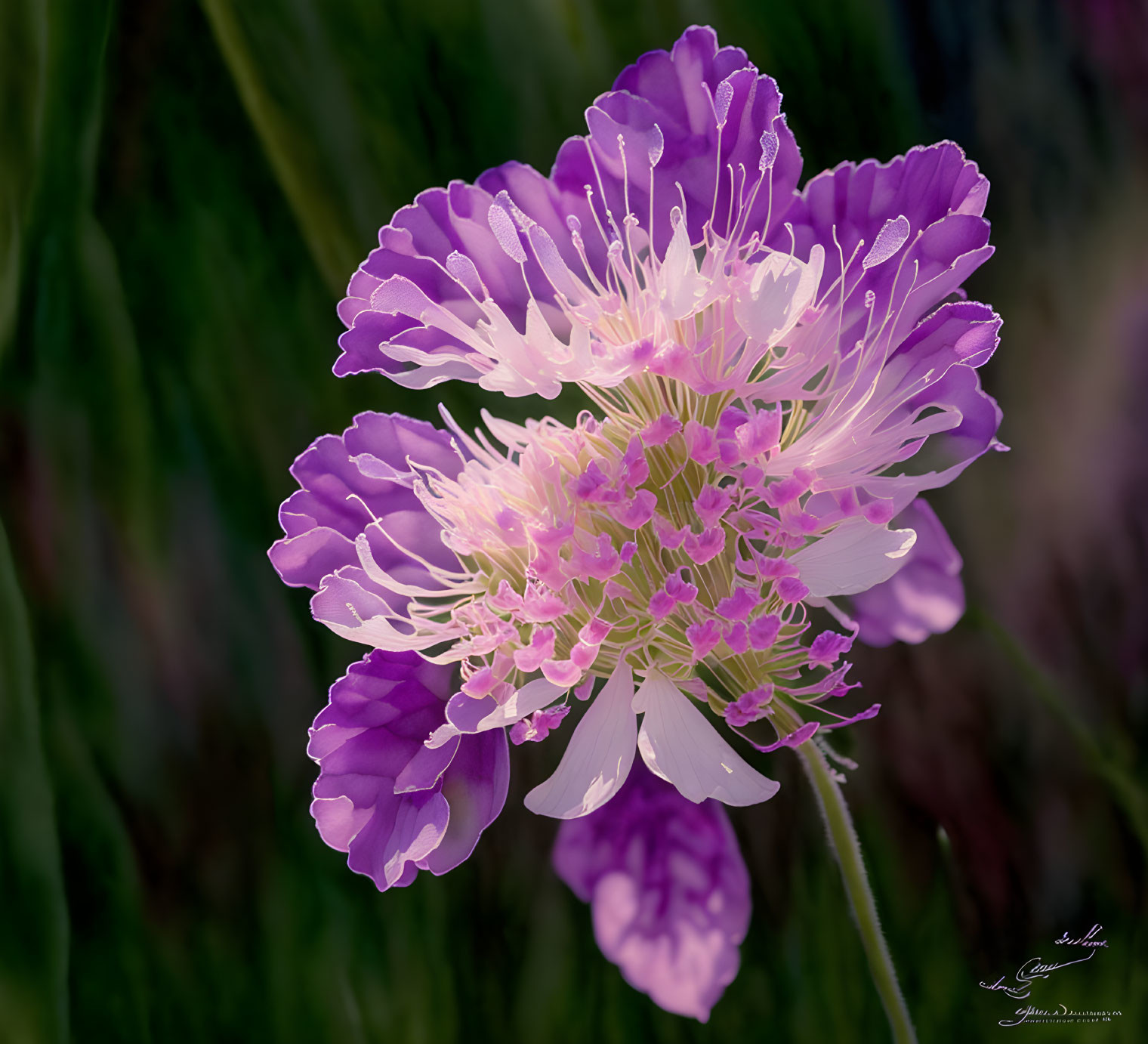 Purple Scabiosa Flower with Pink Stamens on Green Background