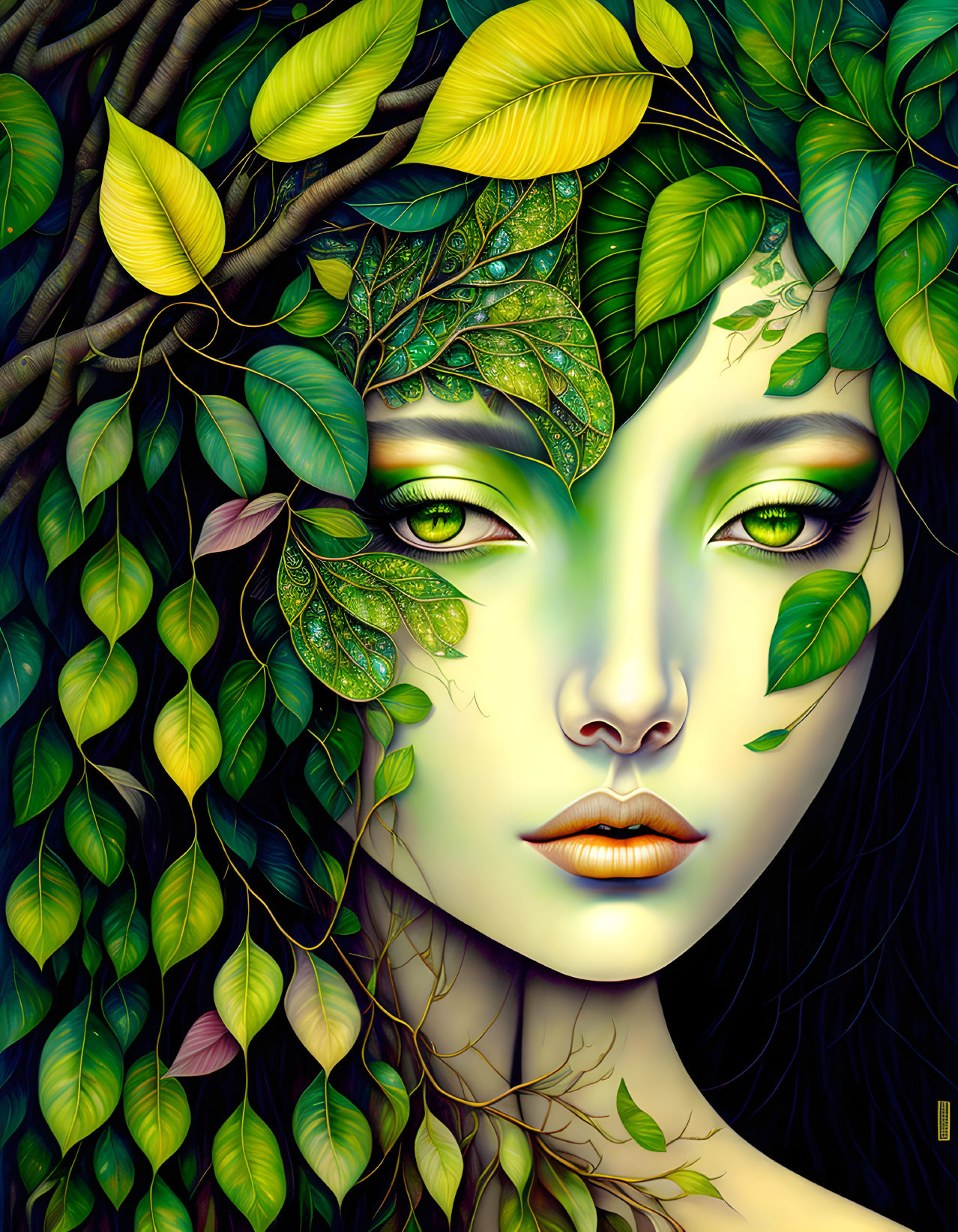 Digital art portrait of woman with green leaf-like features against vivid green foliage