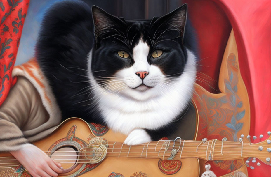 Detailed painting of black and white cat with guitar in vibrant colors