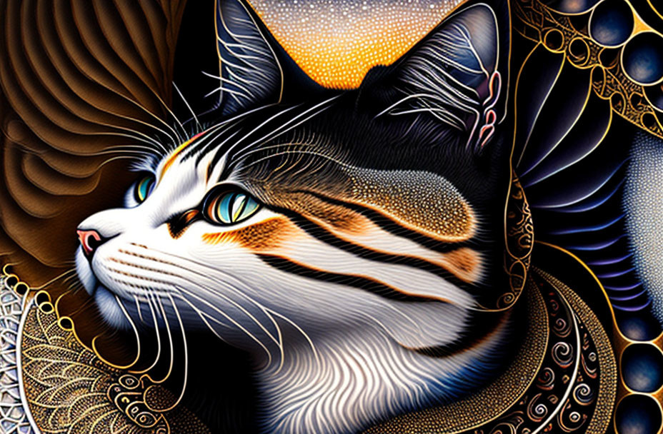 Vibrant cat illustration with intricate blue, gold, and orange patterns