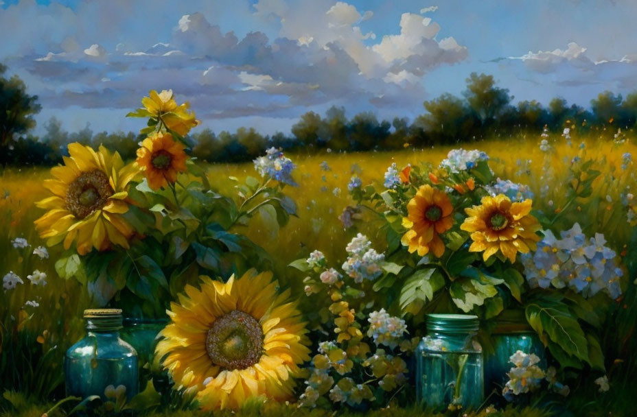 Sunflowers in glass jars among wildflowers under cloudy sky