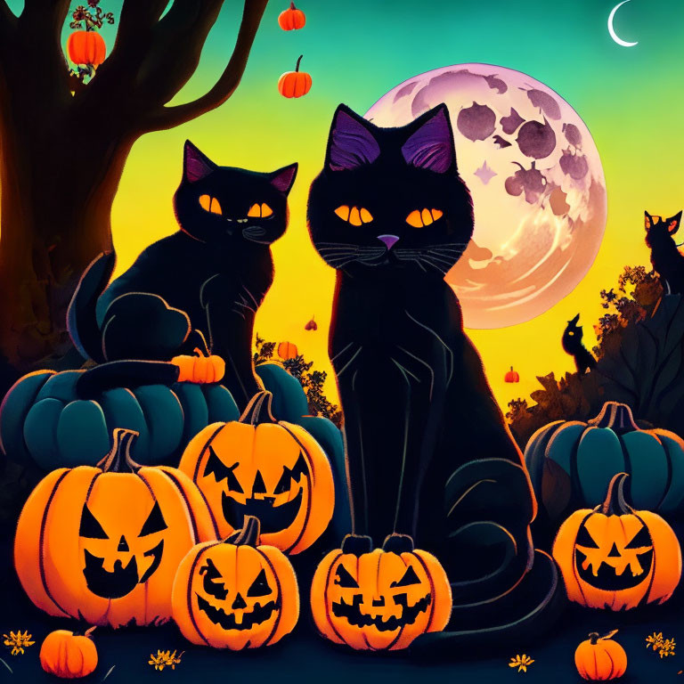 Black Cats with Glowing Eyes Beside Jack-o'-lanterns on Halloween Night