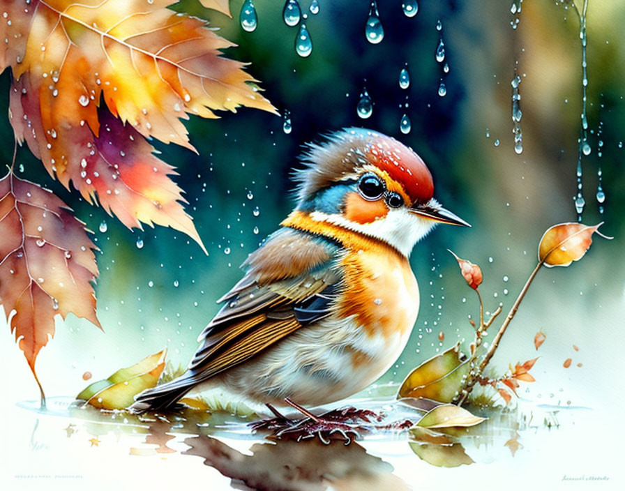 Colorful Bird Under Autumn Leaves with Water Droplets Reflecting Serene Environment